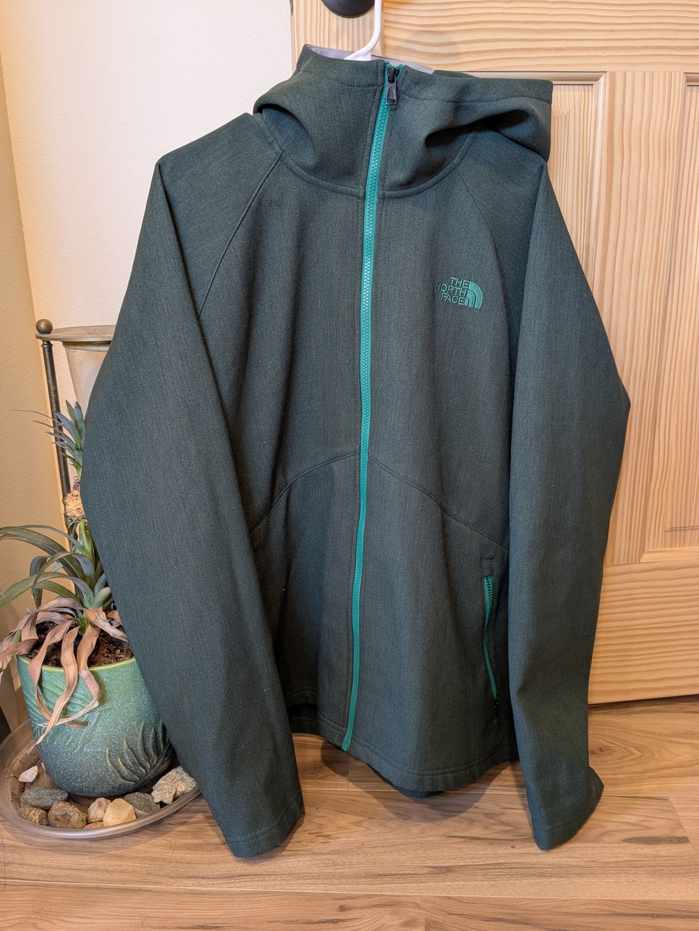 The North Face Men's Forest Green Hooded Performance Jacket with Teal Accents